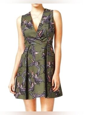 Rachel Roy Women’s Dress Peasants Bird Army Green A Line Y2K XS Lined Seagull